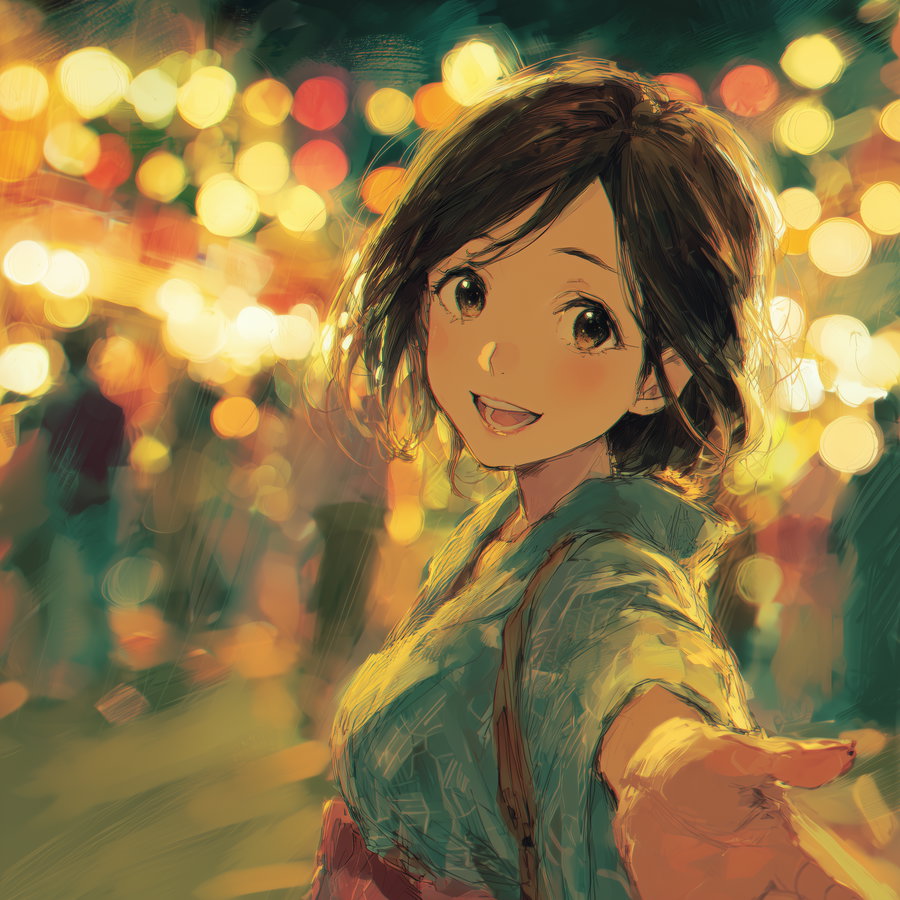 A digital painting of a smiling young woman with short dark hair, wearing a teal top and reaching out her hand towards the viewer, against a background of blurred colorful lights and silhouettes of people.