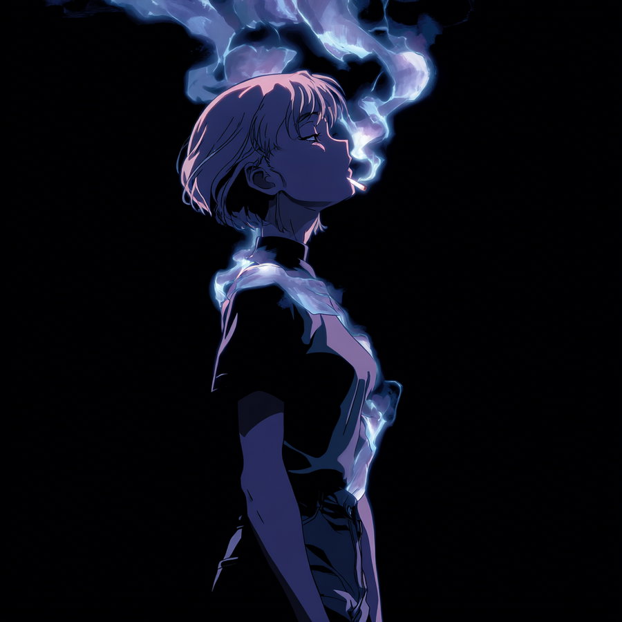 Digital illustration of a woman with short hair in profile, exhaling glowing smoke in a dark background