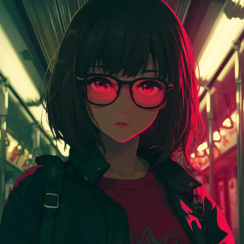 Detailed digital portrait of a woman with glasses in a neon-lit subway setting