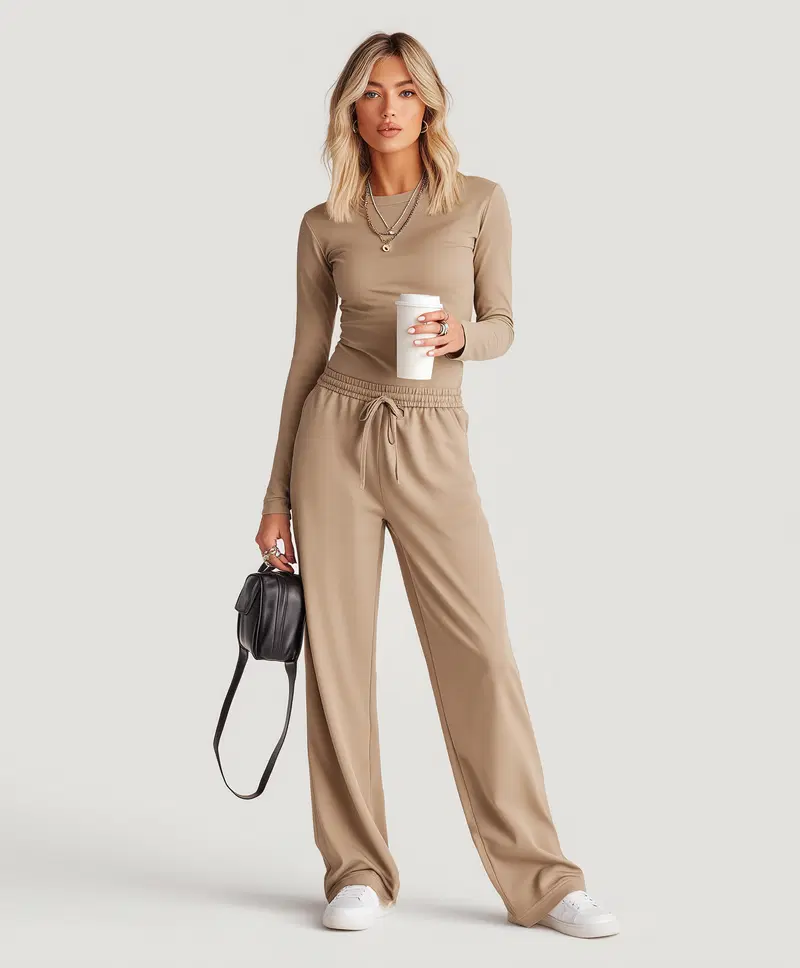 Stylish woman in beige outfit holding coffee and a black handbag