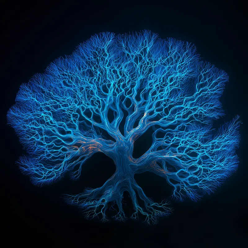 Intricate glowing blue tree with delicate branching in dark background