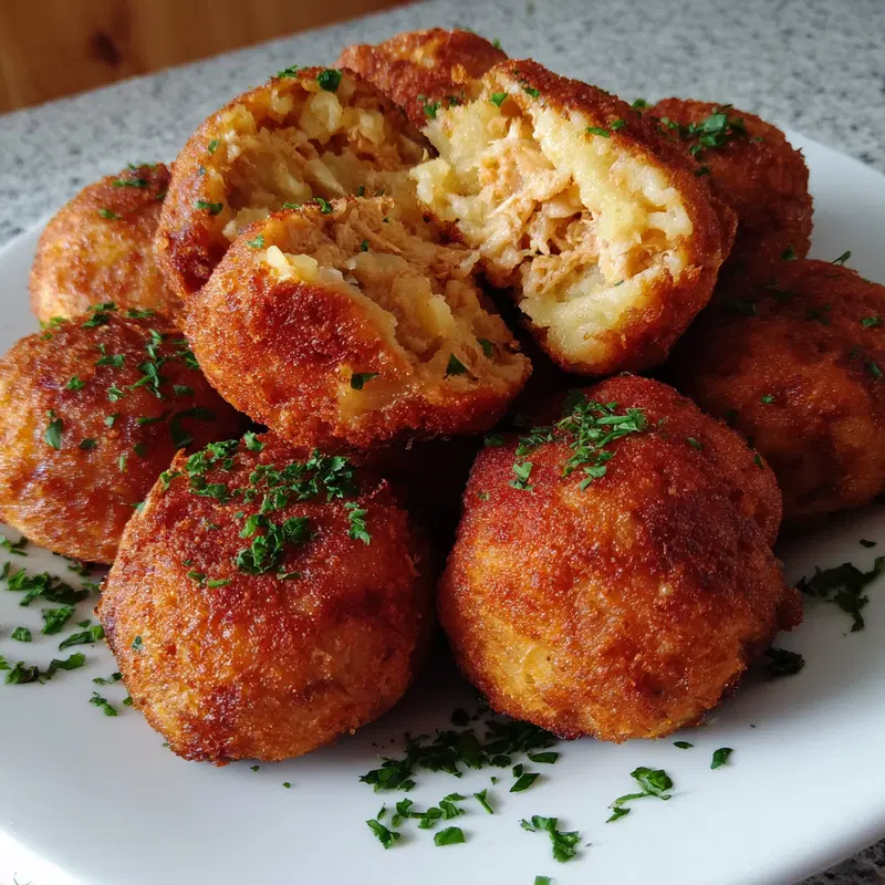 Close-up of fried rice balls stuffed with meat and garnished with herbs on a white plate