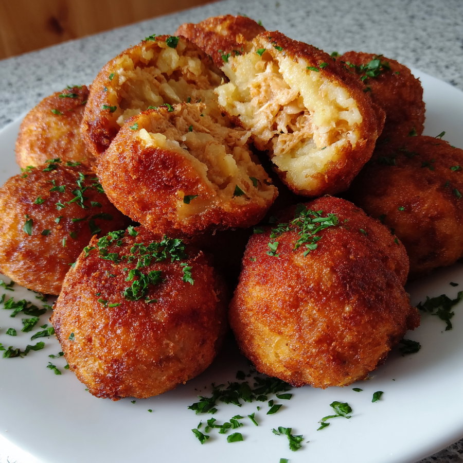 Plate containing several round fried rice balls with a crispy golden-brown crust, one split open to show the shredded meat filling inside, sprinkled with chopped green herbs