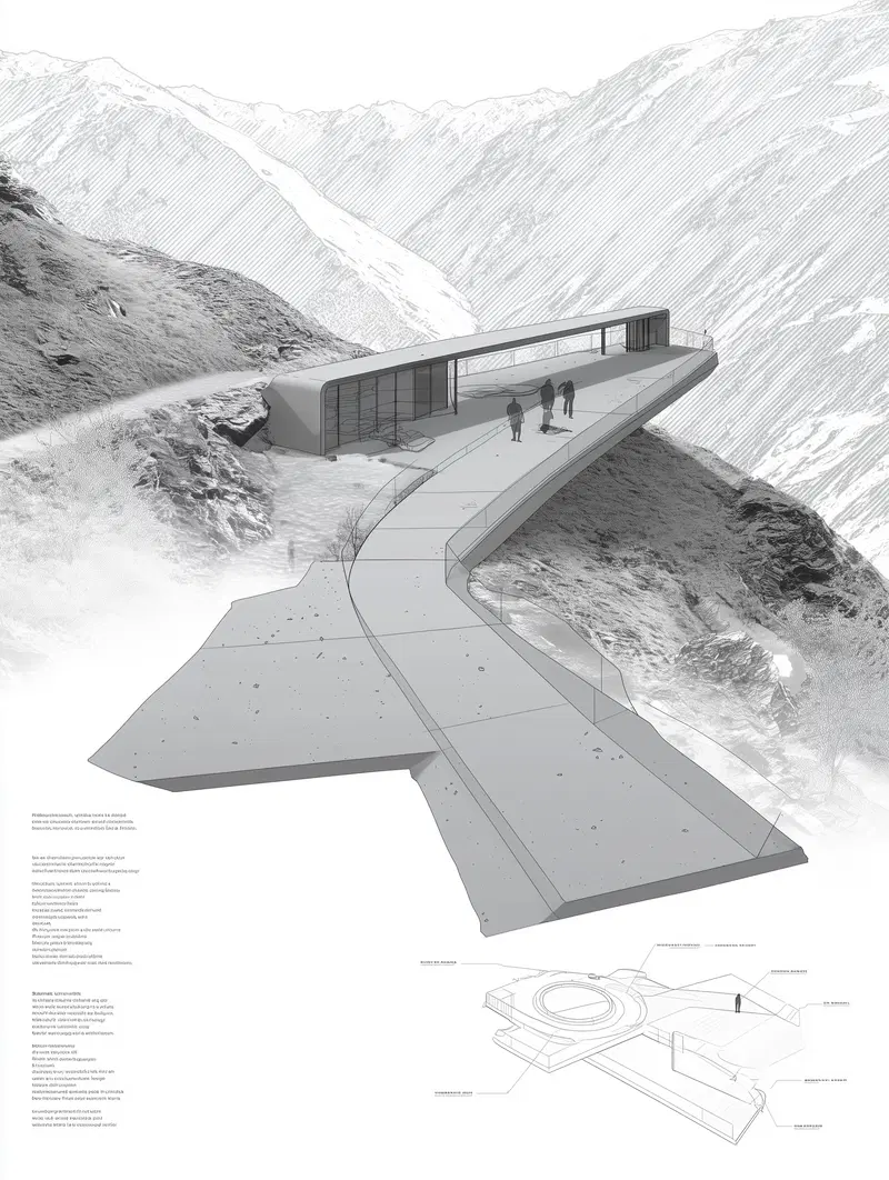 Architectural rendering of a modern observation deck on a mountain cliff