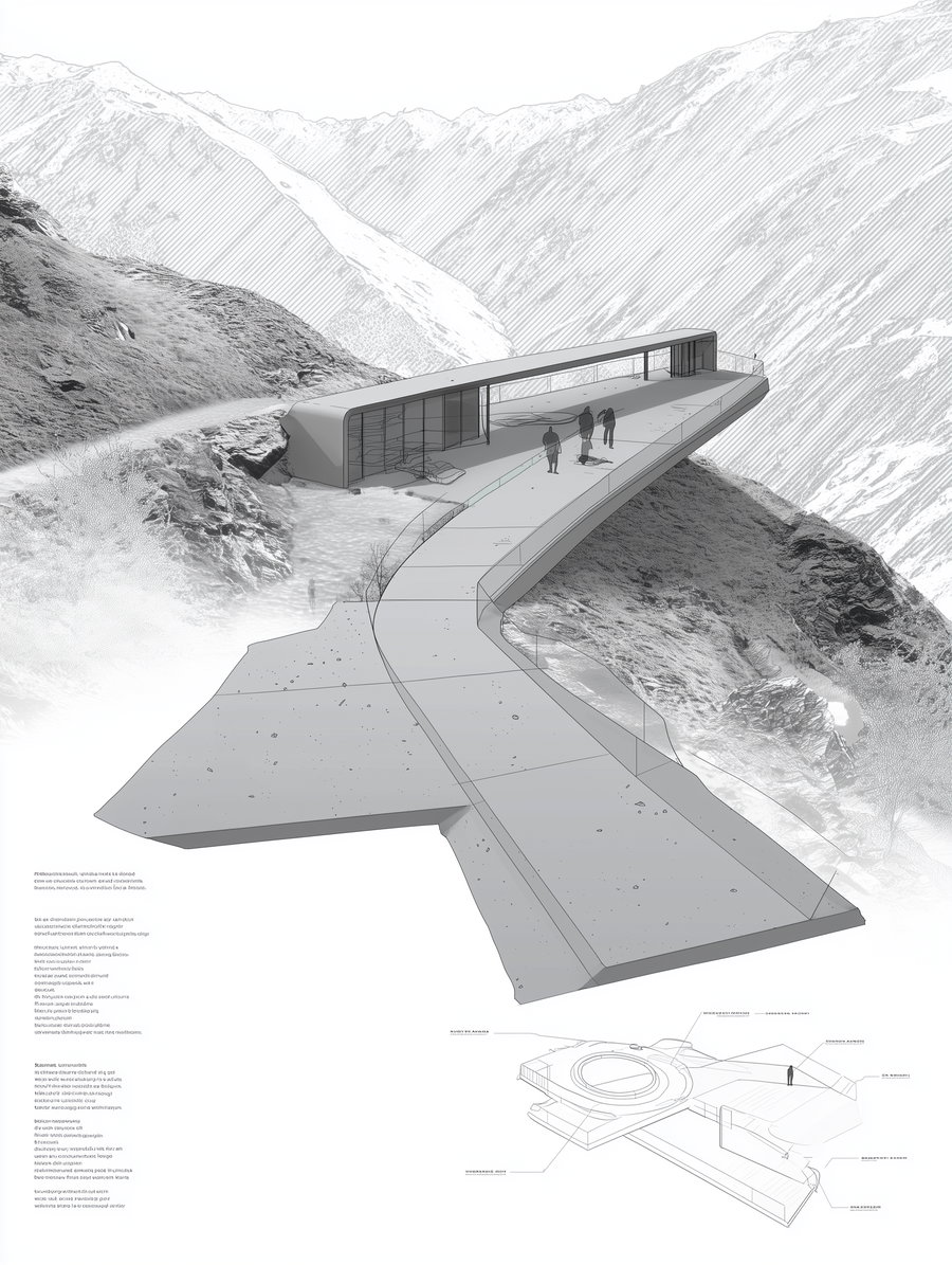 Black and white architectural sketch showing a modern observation deck extending over a cliff with human figures and detailed structural annotations