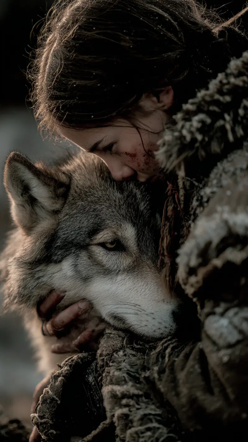 Close up portrait of a person embracing a wolf in a natural setting