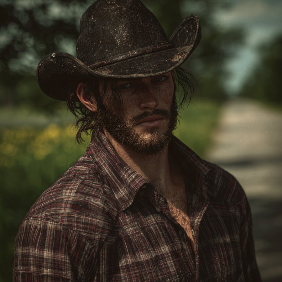 Close-up portrait of a bearded man with freckles wearing a worn cowboy hat and plaid shirt in an outdoor setting with blurred greenery and a pathway in the background