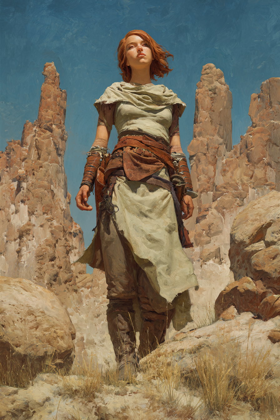 A detailed painting of a woman with short red hair wearing a rugged beige and brown outfit standing amidst tall rocky formations and dry grass in a desert environment under a vivid blue sky.