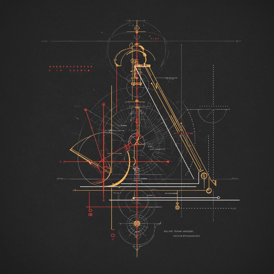Complex drawing featuring geometric shapes, lines, circles, and mechanical components in red, yellow, and white on a black background