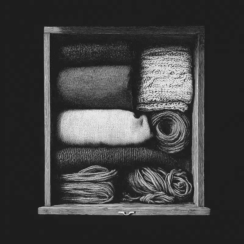 Black and white detailed still life of a drawer with neatly folded knitted garments and yarn balls