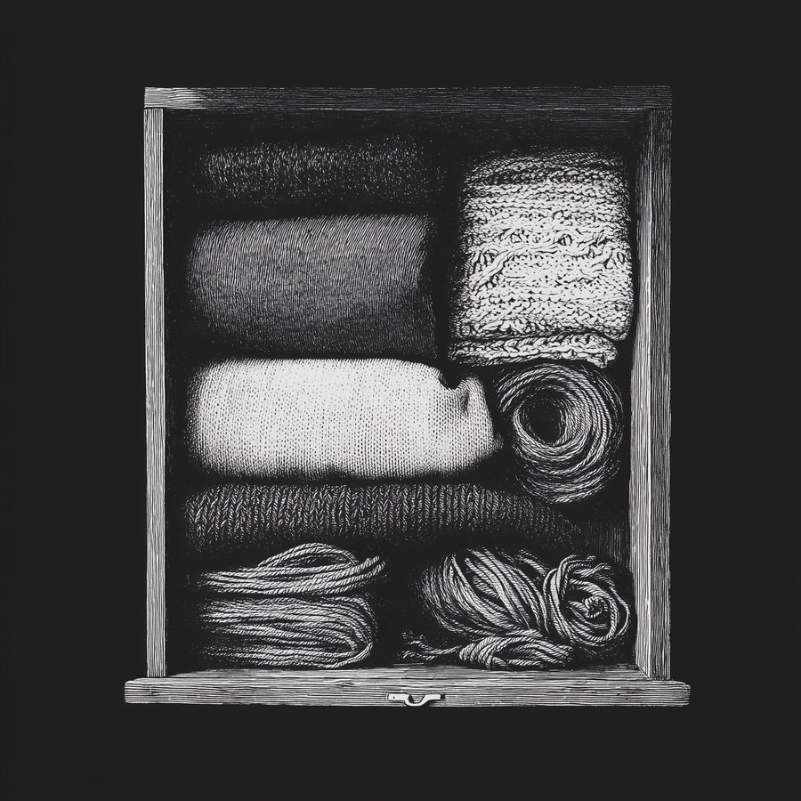 A monochrome illustration showing a wooden drawer filled with various knitted pieces and yarn balls, all neatly arranged inside.