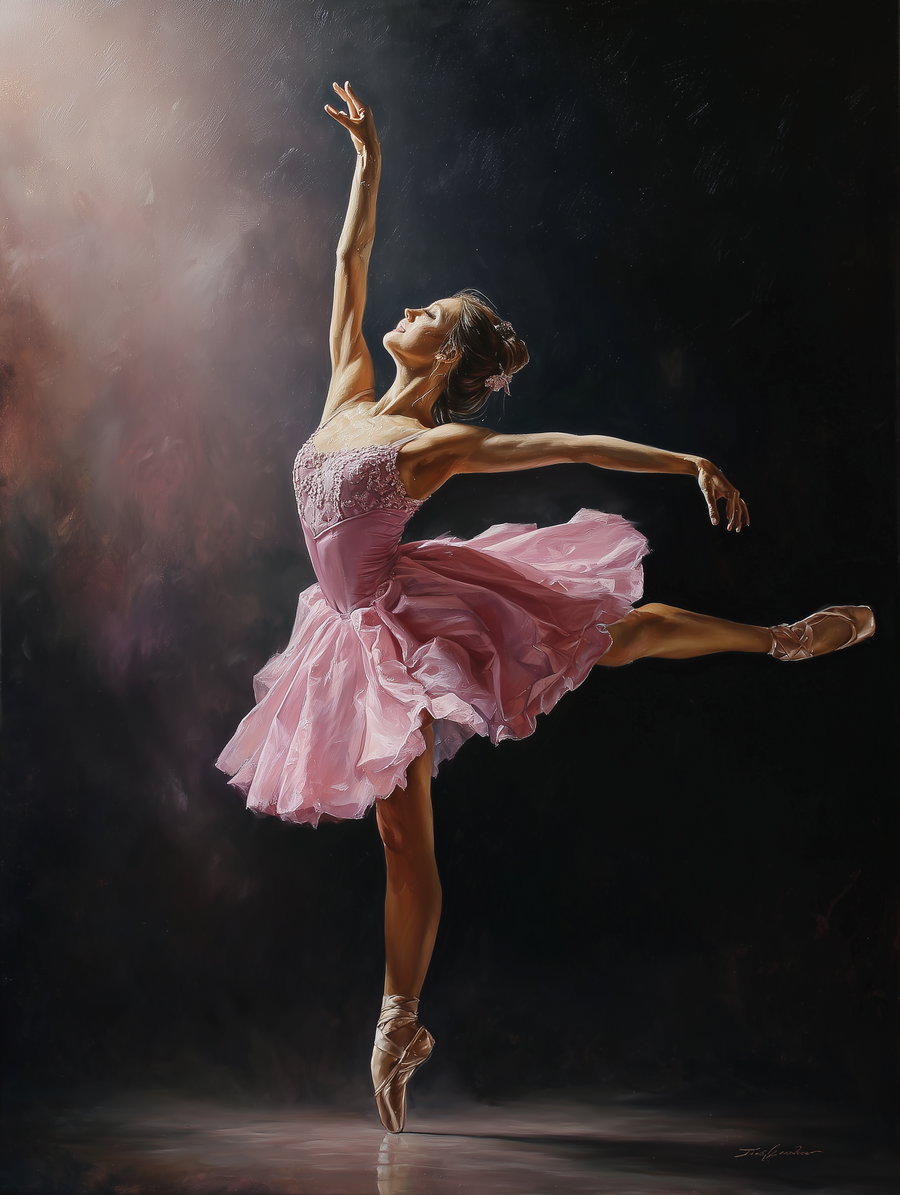 painting of a female ballet dancer wearing a pink tutu and pointe shoes, gracefully posing with one leg extended backward and arms raised, set against a dark background