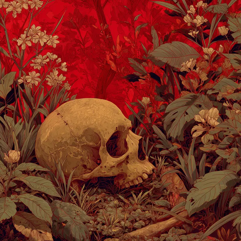 A human skull resting among dense foliage and flowers with a vivid red background