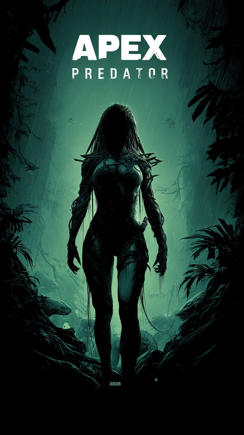 Silhouette of a female figure with a weapon walking through a dark green jungle with dense foliage and the text 'APEX PREDATOR' above