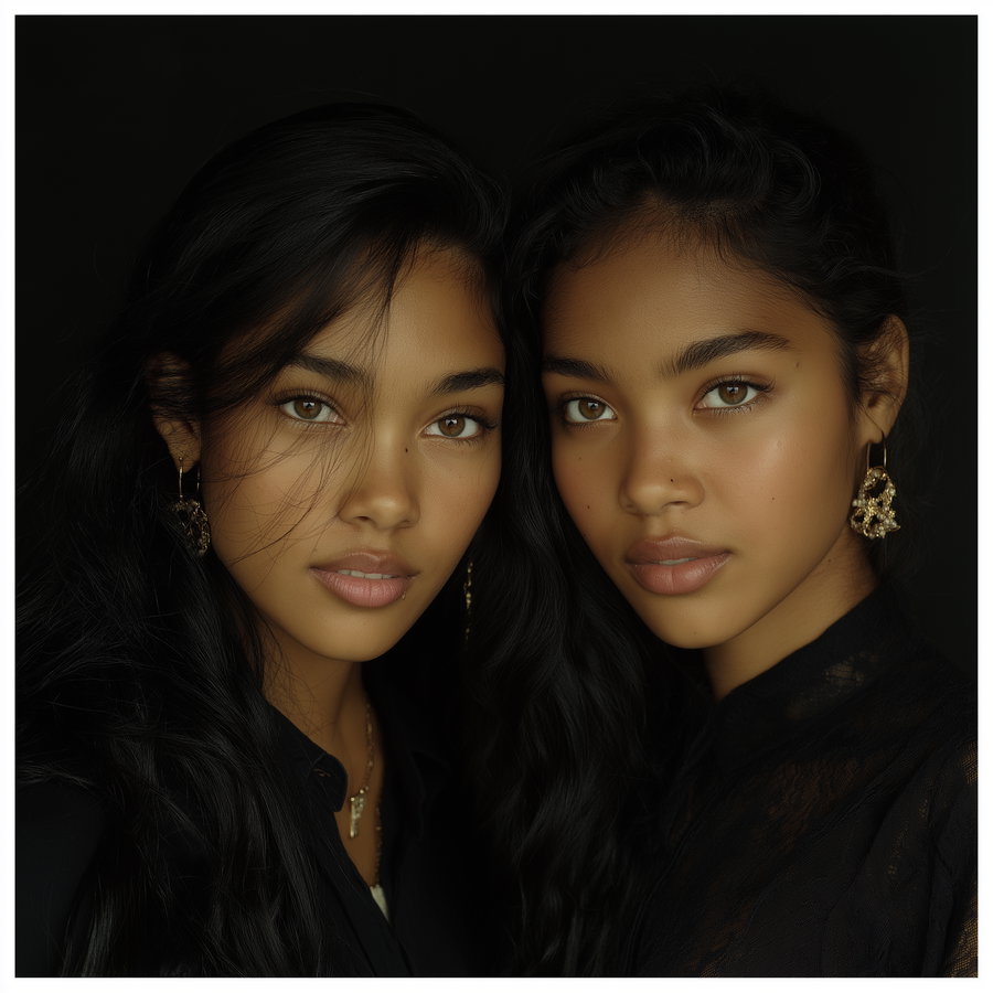 Two women with dark hair and brown eyes closely posed against a dark background, wearing gold earrings and dark tops