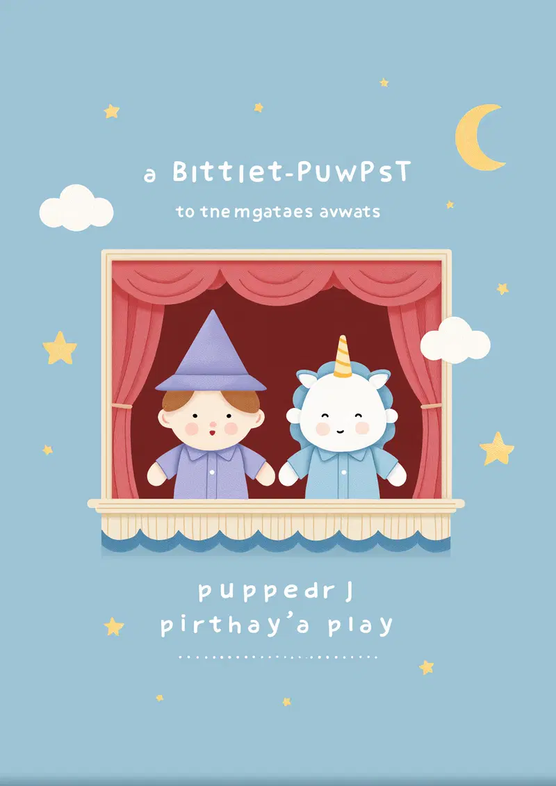Illustration of a puppet play with a boy puppet and a unicorn puppet
