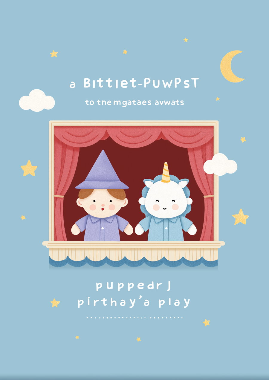 Illustration of two puppets on a small stage with red curtains, one puppet is a boy with a purple hat, the other is a white unicorn with a blue mane and yellow horn, on a light blue background with yellow stars, a crescent moon, and white clouds