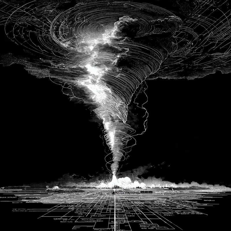 Intricate monochrome concept art of a massive tornado rising above a grid-like landscape at night