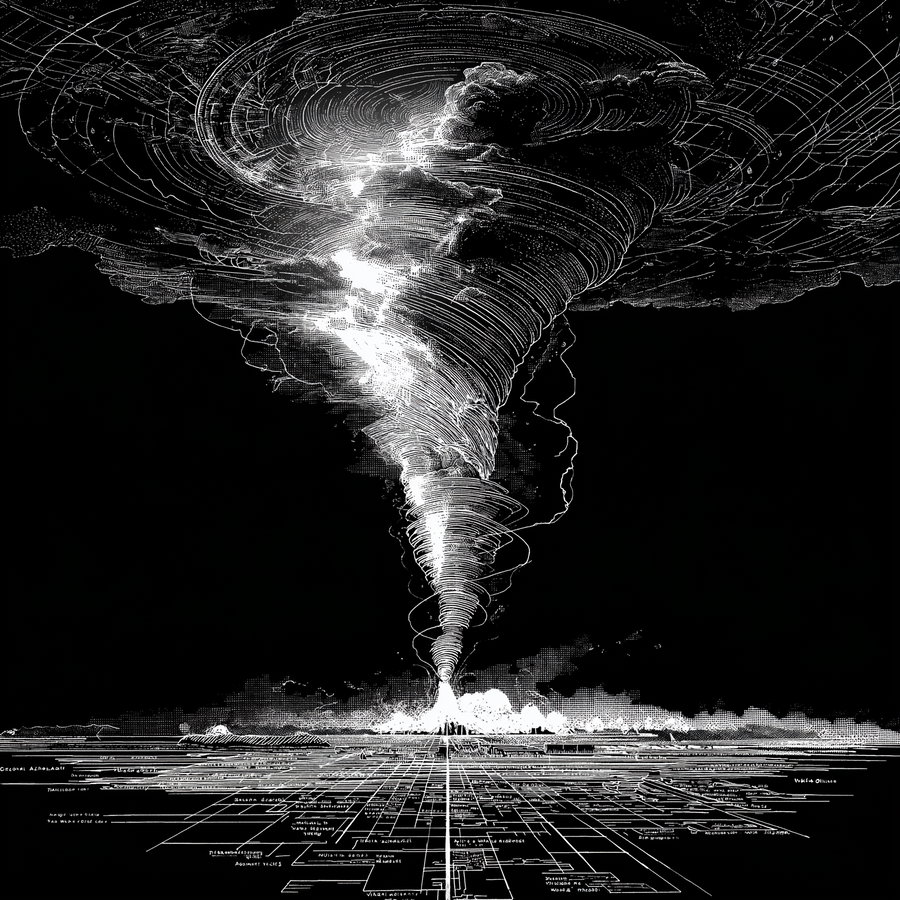 Black and white detailed artwork depicting a large tornado swirling upwards from a grid-lined flat terrain with various annotations, all set against a dark sky background.