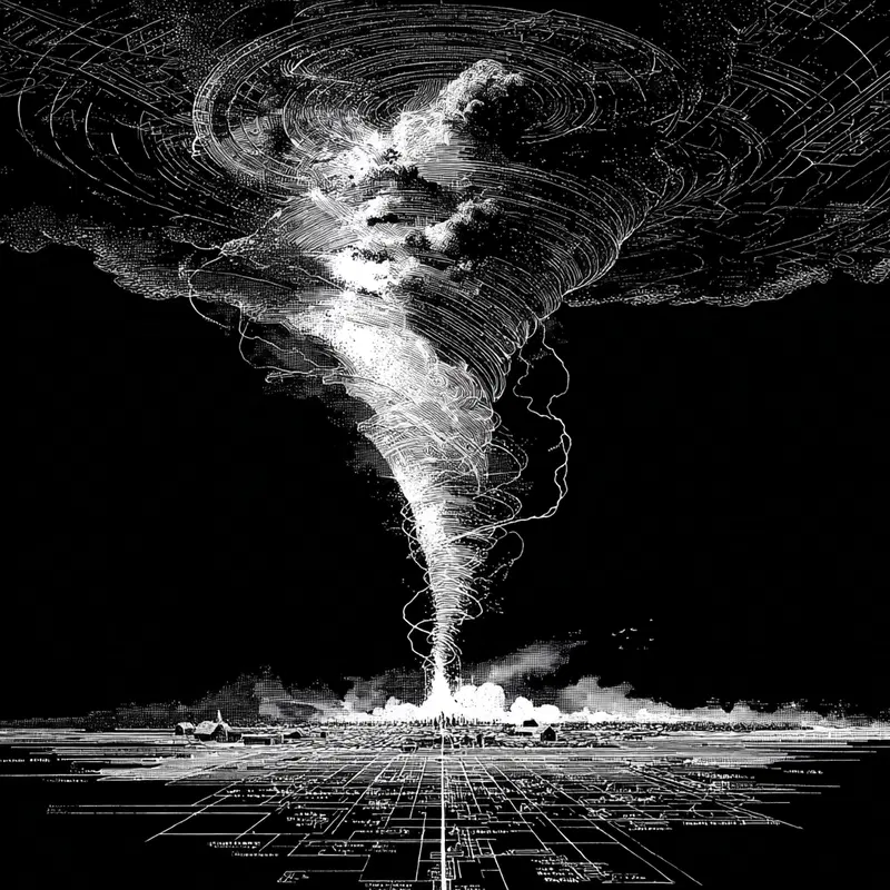 Monochrome digital concept art of a massive tornado over a city with swirling clouds and lightning