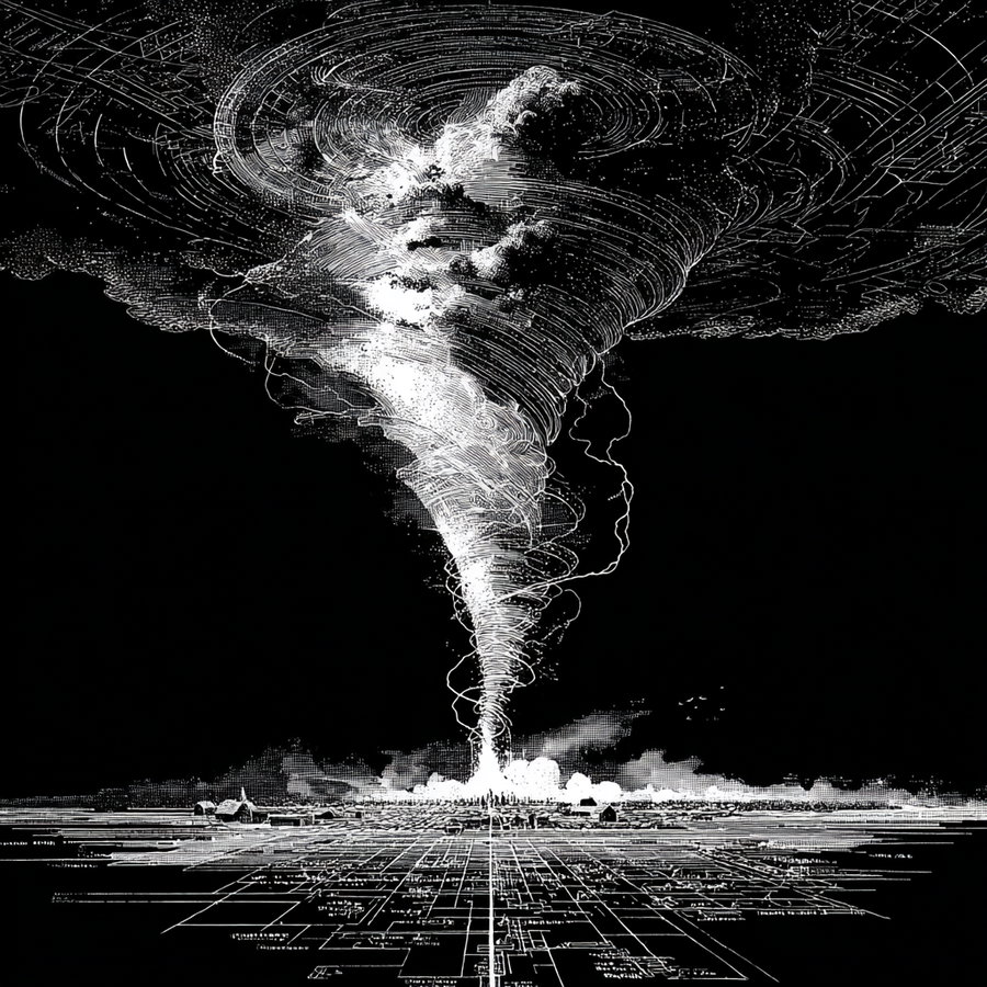 A black and white digital artwork showing a large tornado touching down in a city, with a spiral formation of clouds above and lightning bolts around the funnel, and a grid-like cityscape below