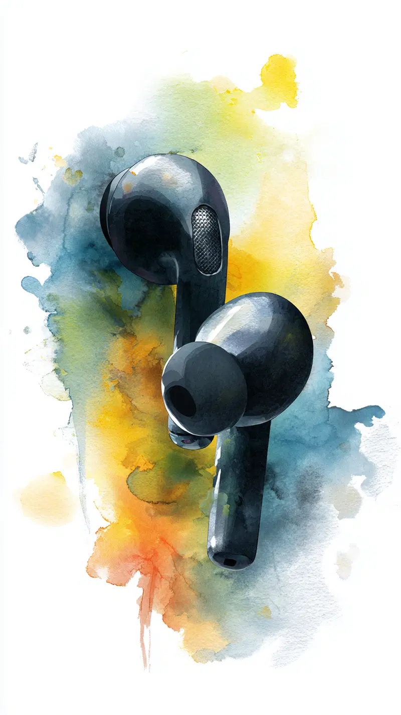 Watercolor painting of black wireless earbuds with colorful abstract background