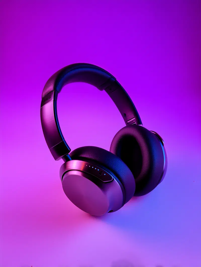 Close-up of modern black wireless headphones with colorful lighting