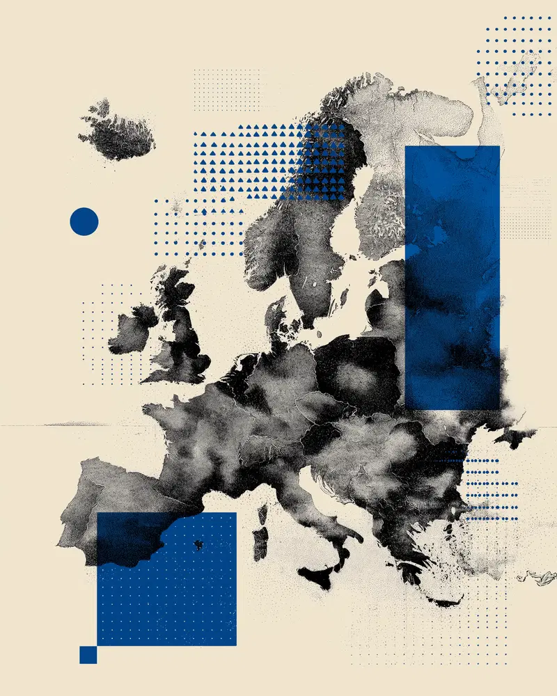 Abstract artistic map representation of Europe with blue geometric shapes