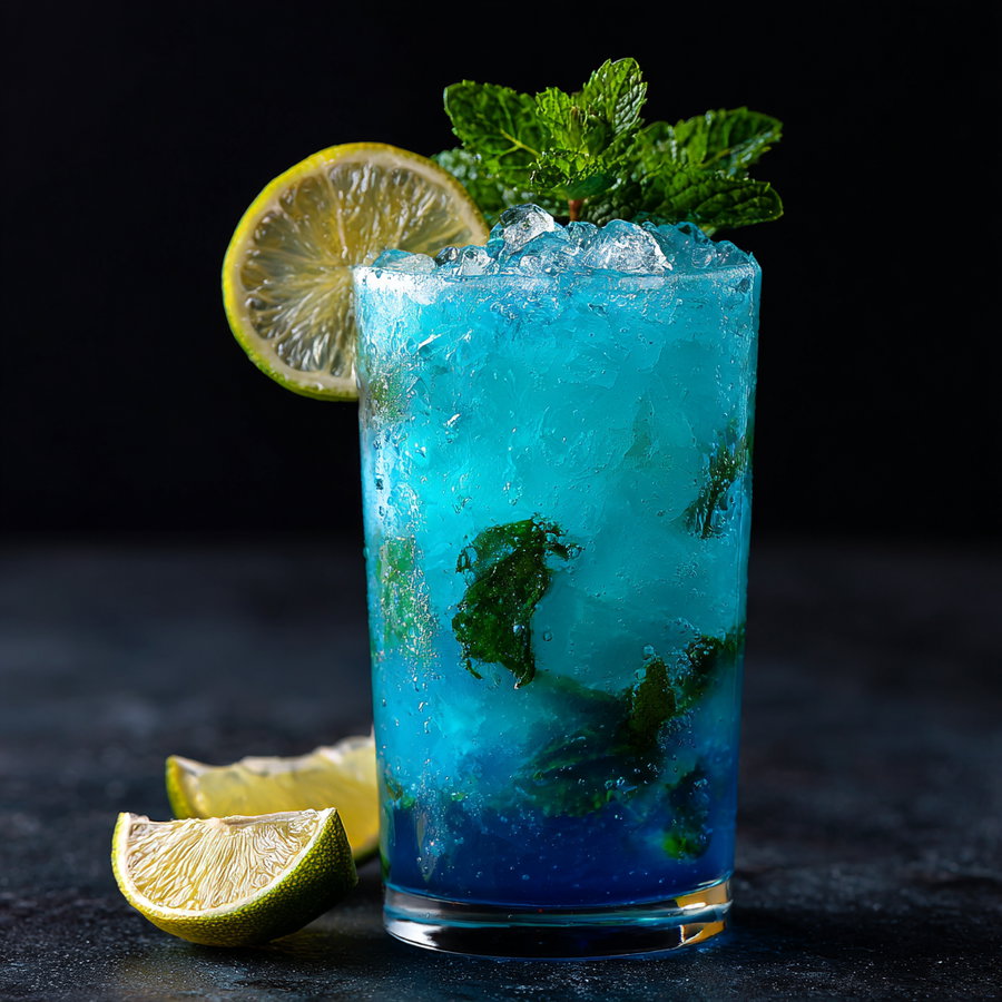A tall glass filled with a blue cocktail with crushed ice and mint leaves inside, garnished with a lemon slice on the rim, with two lemon wedges placed nearby on a dark textured surface