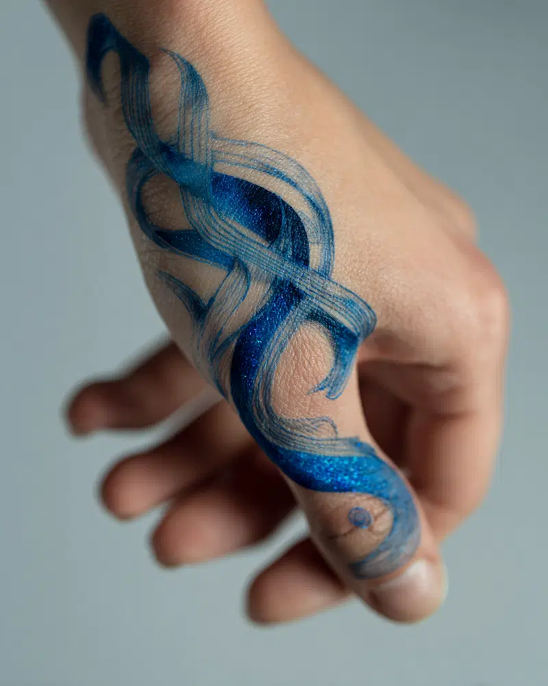 Intricate blue and silver abstract tattoo design on the hand