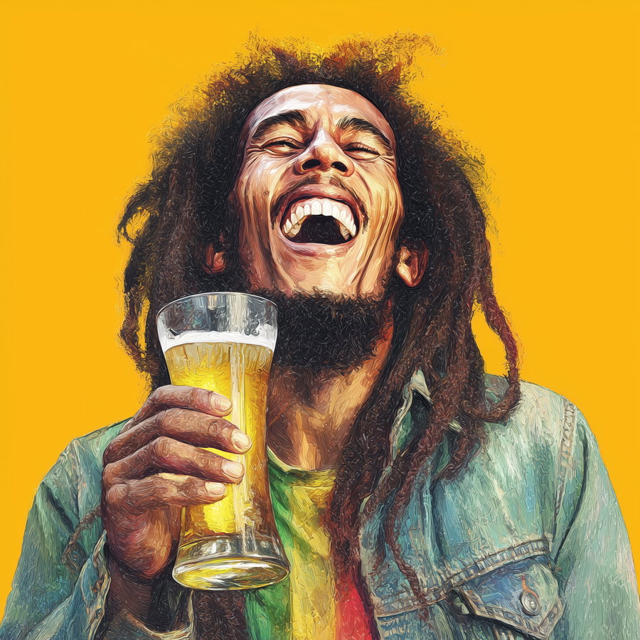 Close-up digital artwork of a smiling man with dreadlocks wearing a denim jacket and holding a glass of beer against a bright yellow background