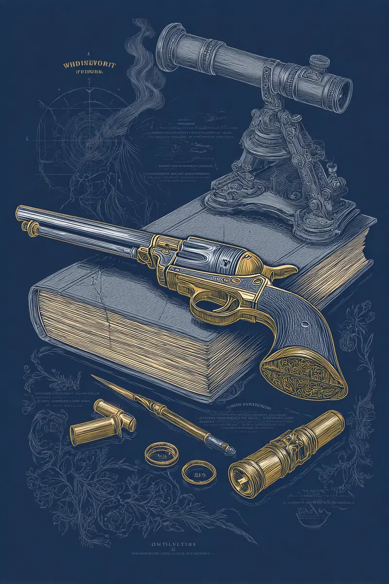 Intricately detailed still life featuring vintage firearm telescope and writing tools