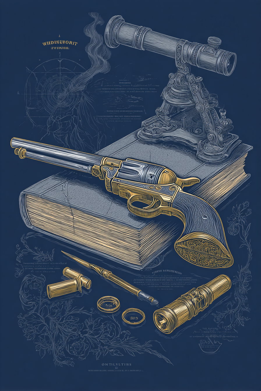 An artistic still life drawing depicting a vintage revolver resting on a large book, accompanied by an antique telescope mounted on a stand, a fountain pen, magnifying lenses, a cylindrical case, and decorative floral sketches on a dark blue background.