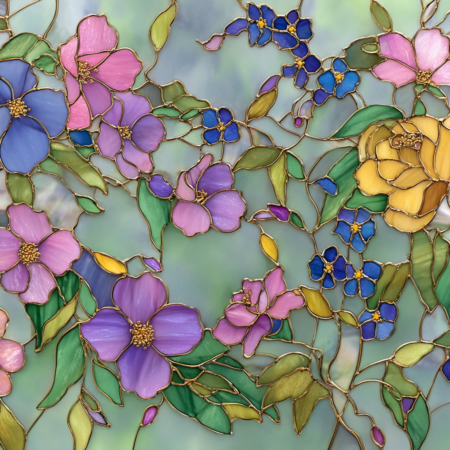 A detailed stained glass artwork showing pink, purple, blue, and yellow flowers with green leaves outlined in gold.