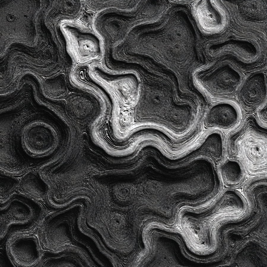 Black and white abstract image featuring concentric wavy lines creating textured, fluid shapes and patterns