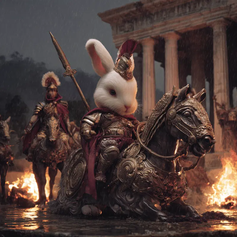Warrior Rabbit in Ornate Armor Leading Cavalry Before Ancient Temple in the Rain
