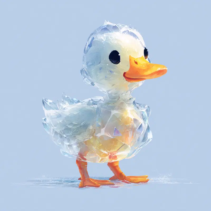 Digital illustration of a translucent ice duckling with bright orange beak and feet
