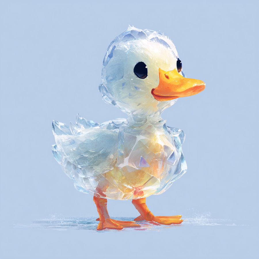 A digital artwork of a small duckling made of translucent ice with an orange beak and feet, standing against a soft blue background.