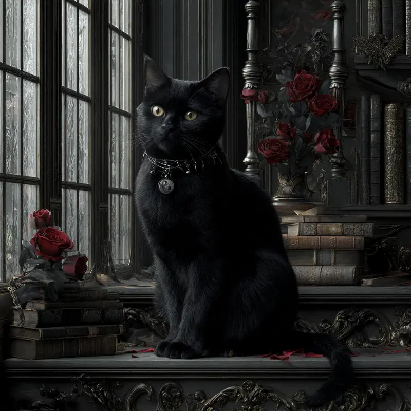 Elegant black cat posed in a vintage room with roses and antique books