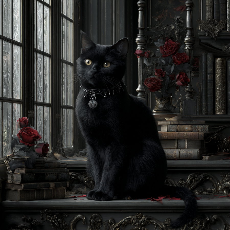 A black cat with a decorative collar sitting on a vintage ornate table near a window, surrounded by red roses and old books in an antique styled room.