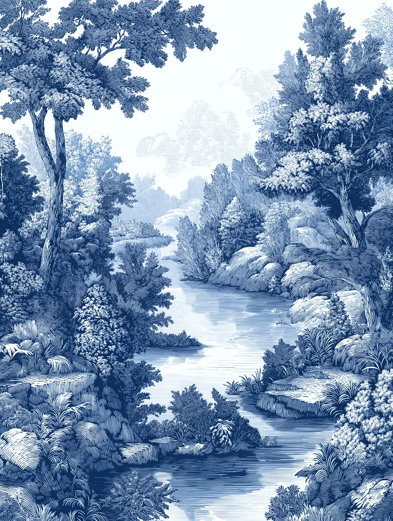 Detailed blue and white illustration of a serene river landscape with trees and rocks