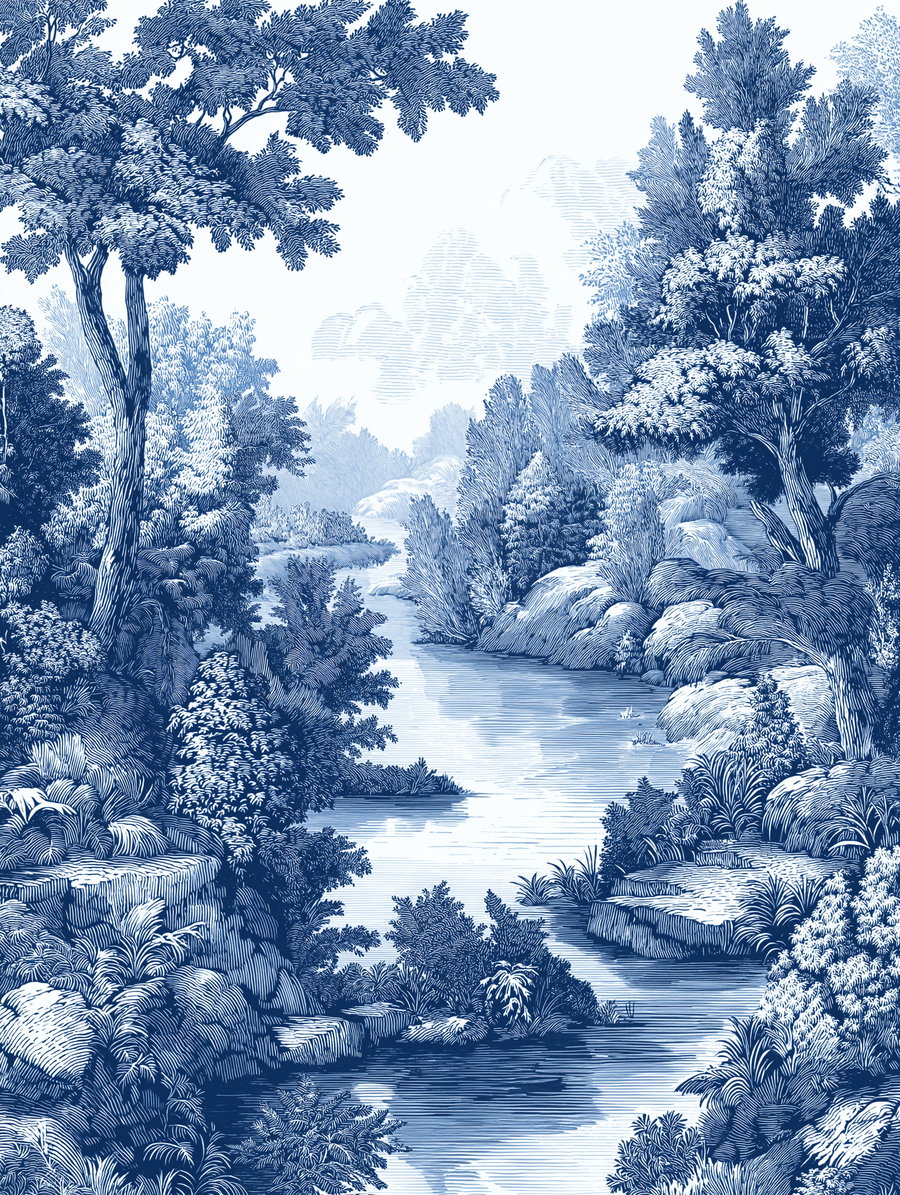 A detailed monochromatic illustration in blue and white showing a serene river flowing through a forested landscape with trees, bushes, rocks, and a cloudy sky in the background