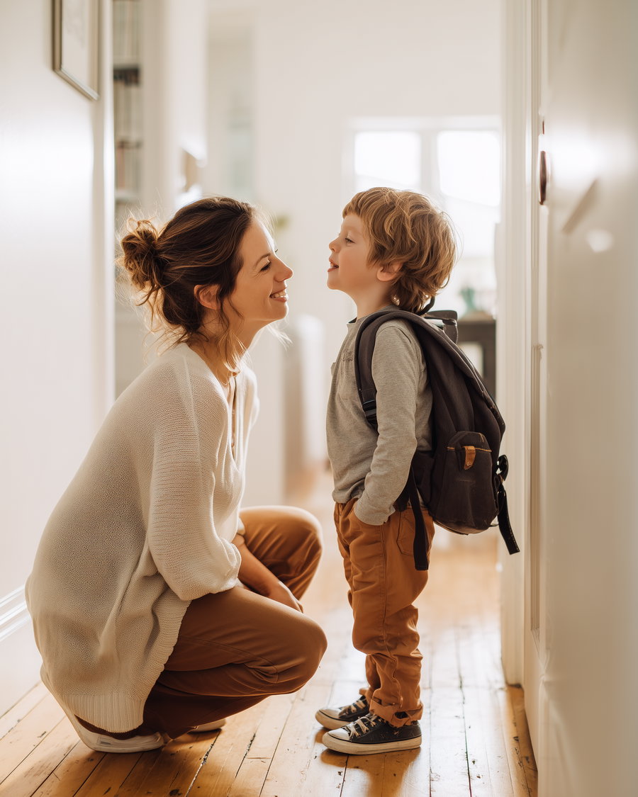 A woman crouching down smiling at a young boy with a backpack standing in a hallway with wooden flooring and bright windows in the background.