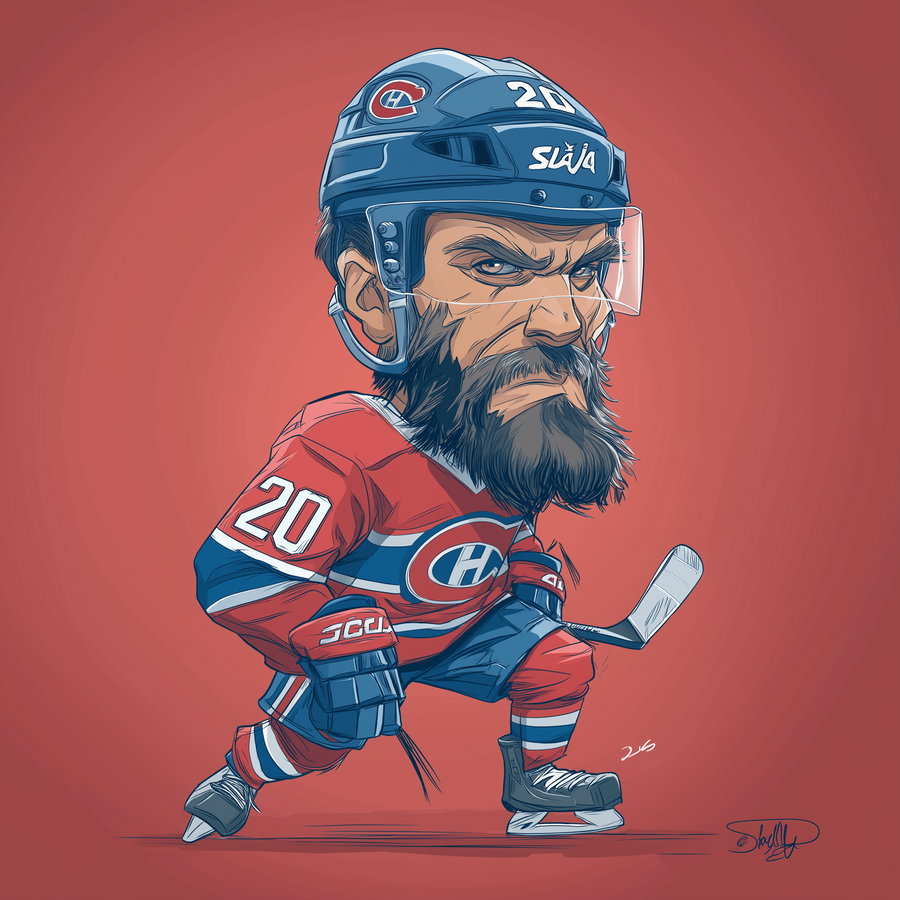 Illustration of a male hockey player with a large head and exaggerated features, wearing a red and blue uniform with number 20, a helmet, and holding a hockey stick, against a plain red background