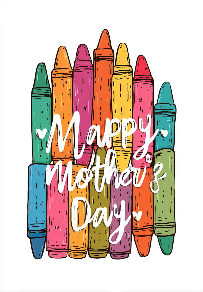 Colorful hand-drawn crayons with Happy Mothers Day text illustration