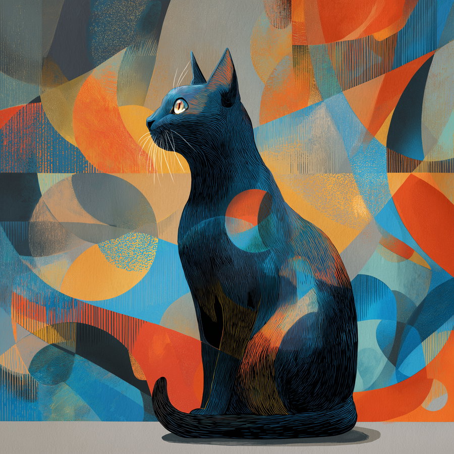 a digital art illustration showing a dark blue cat sitting on a gray surface with a vibrant abstract background of overlapping circles and shapes in orange, blue, yellow, and gray hues