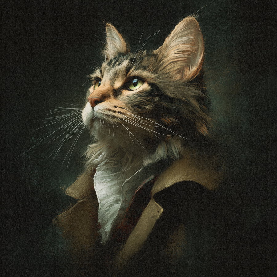 A detailed digital painting of a tabby cat wearing vintage-style clothing, including a white ruffled shirt and a brown coat, set against a dark, textured background.