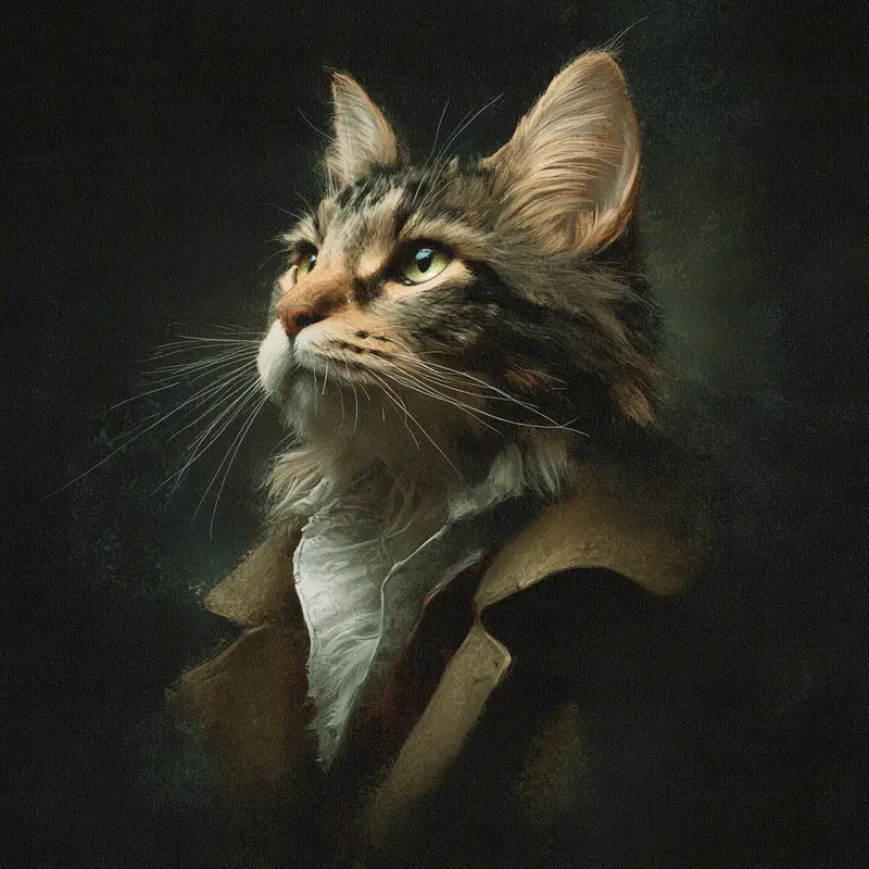 Portrait of a regal cat dressed in vintage clothing with a dark background