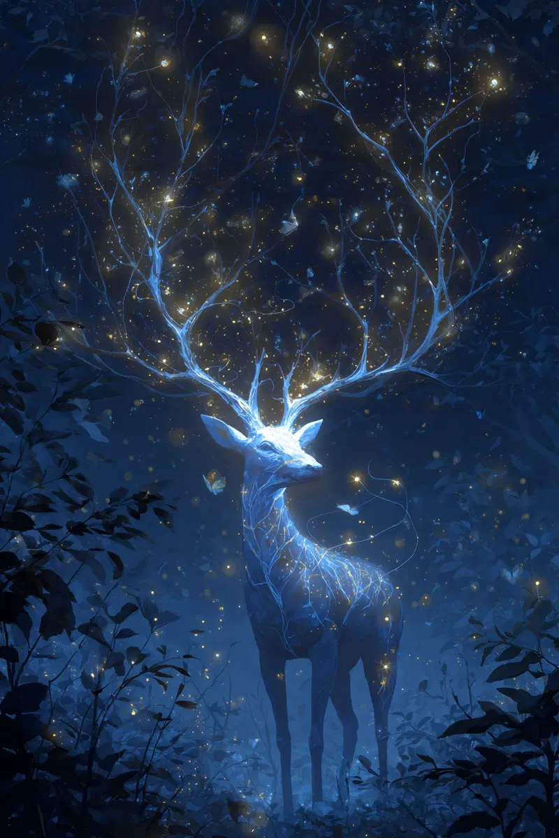 Enchanting glowing deer with luminous antlers in a mystical forest at night