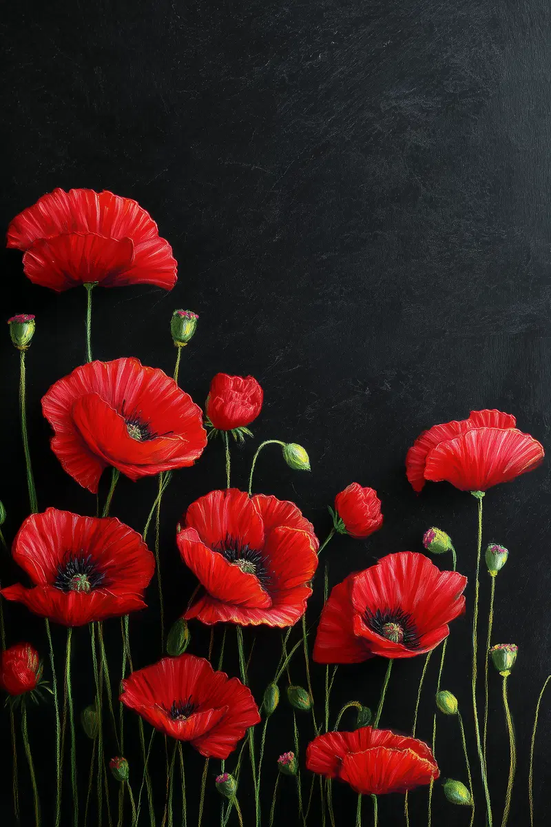 Red poppy flowers with delicate petals against a dark textured background